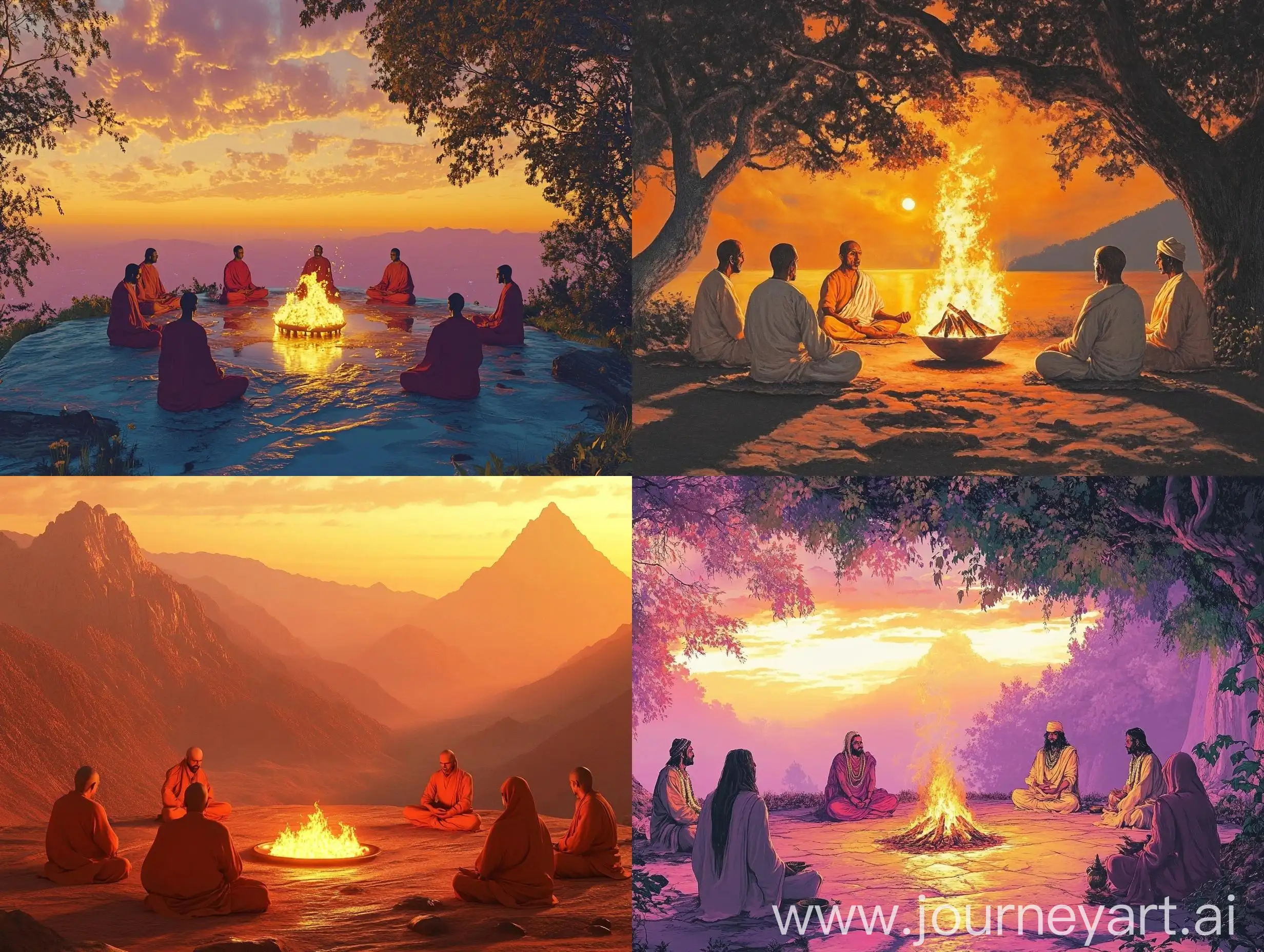 Hindu-Sages-Meditating-Around-Fire-Ritual-at-Golden-Hour