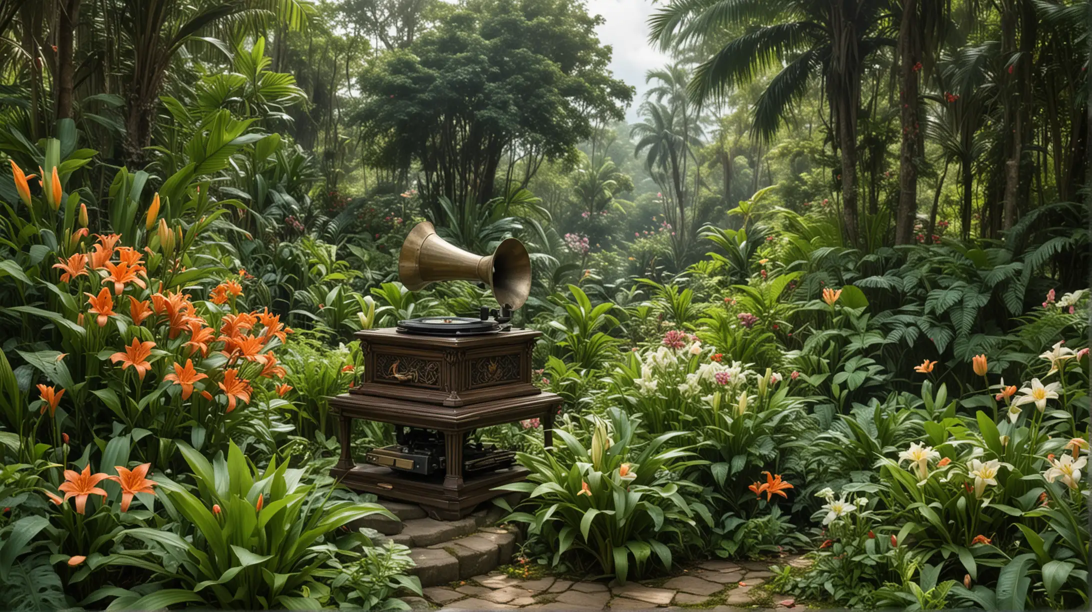 Enchanted Paradise Panoramic View with Lush Greenery Lilies and Phonograph