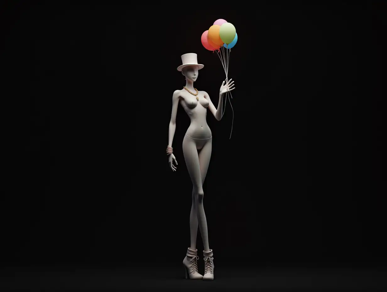 A very long 3D female figure with very thin legs and very long thin arms with top hat and boots and wearing jewelry.and has several balloons in the hand 4K resolution Colorful black background