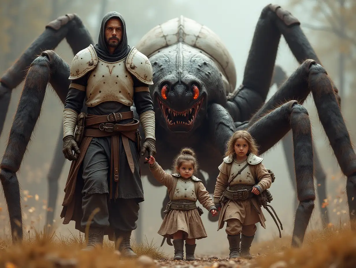 Ki-Fantasy Family,Man,Woman, and Children, giant Tarantula face and with and White Armor Equipment