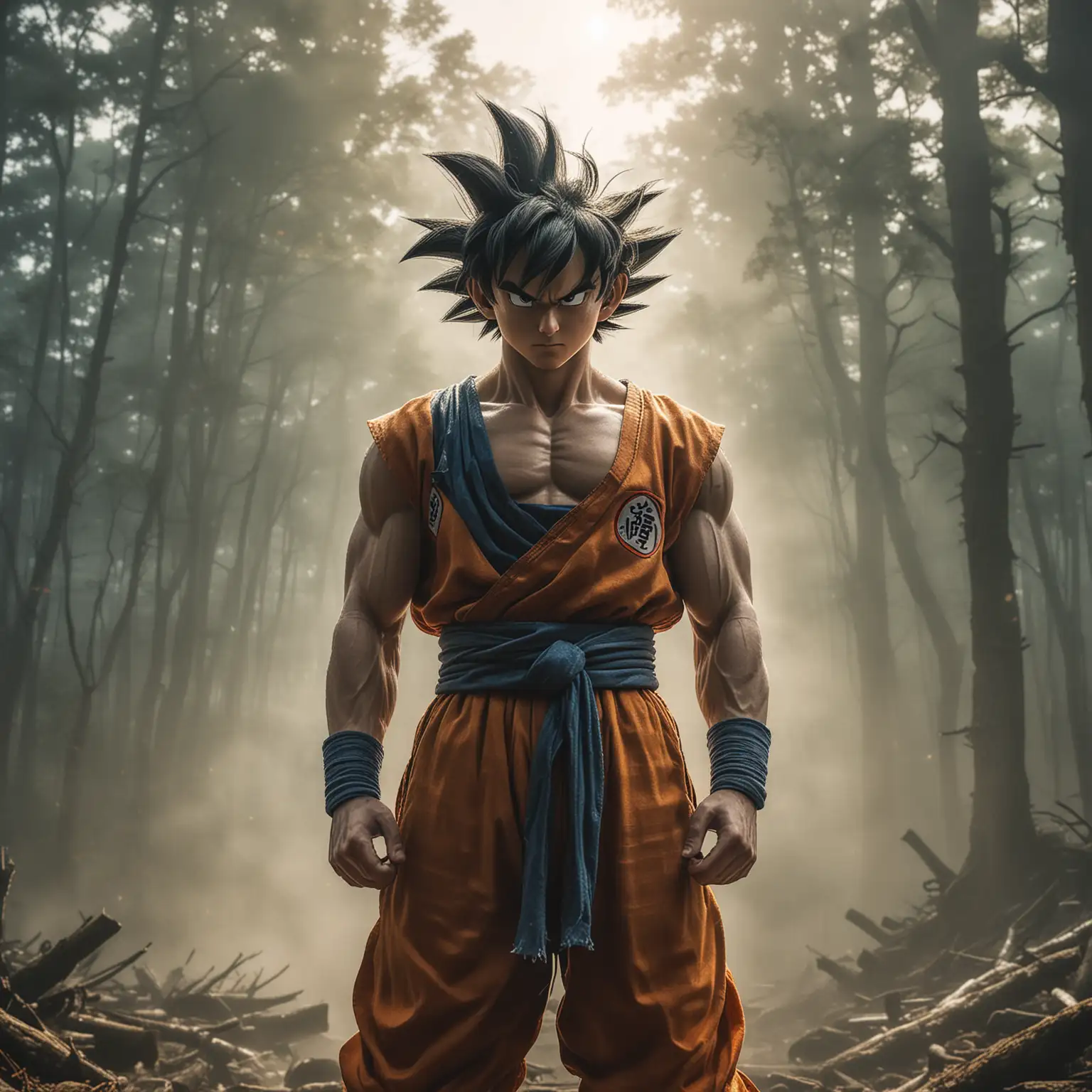 Son goku stands proudly with piercing eyes staring ahead, the forest background of light mist and wind blowing