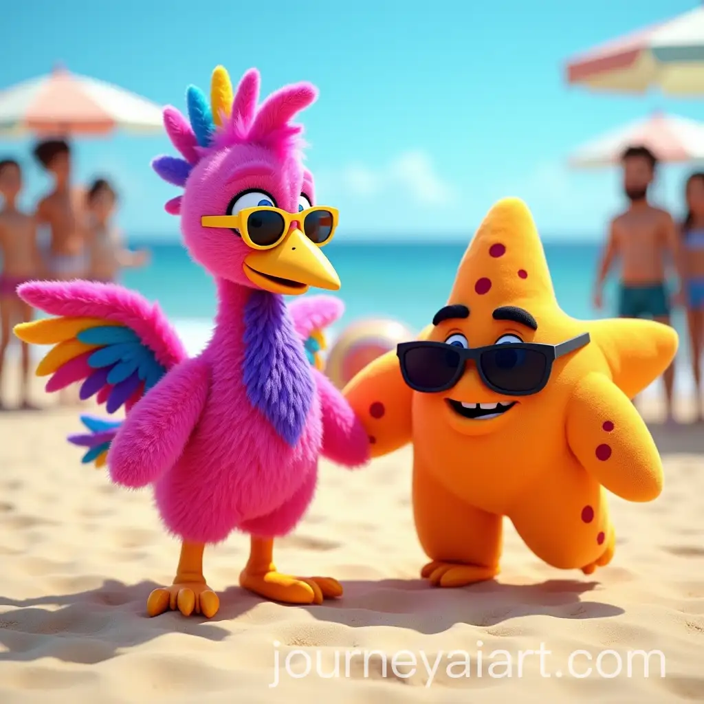 Flopy-the-Flamingo-and-FloftyAI-Image-Prompt-Expansion-the-Starfish-on-a-Fun-Beach-Adventure