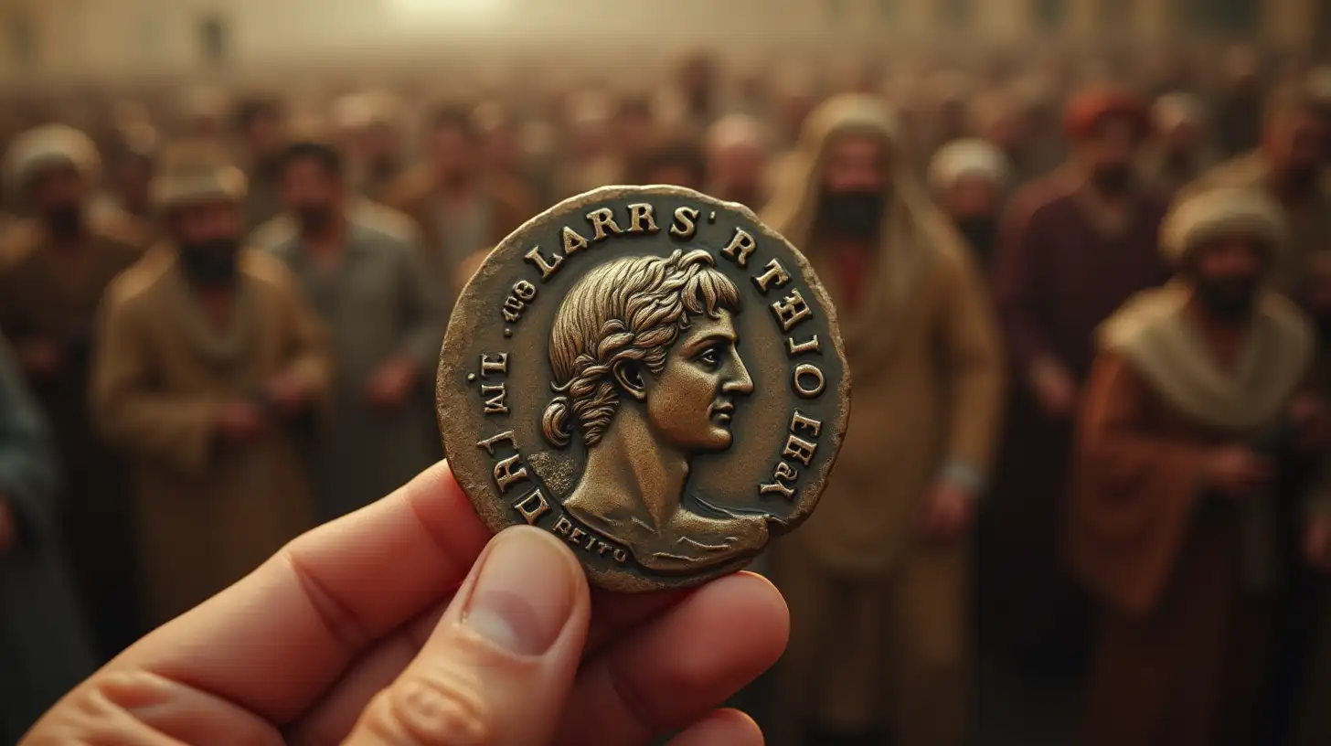 Ancient Coin Featuring Caesars Face Held by a Man in a Crowded Biblical Setting