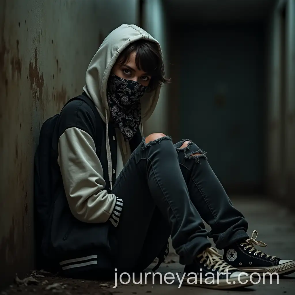 Angry-Teenage-Girl-in-Hoodie-and-Varsity-Jacket-at-Abandoned-House