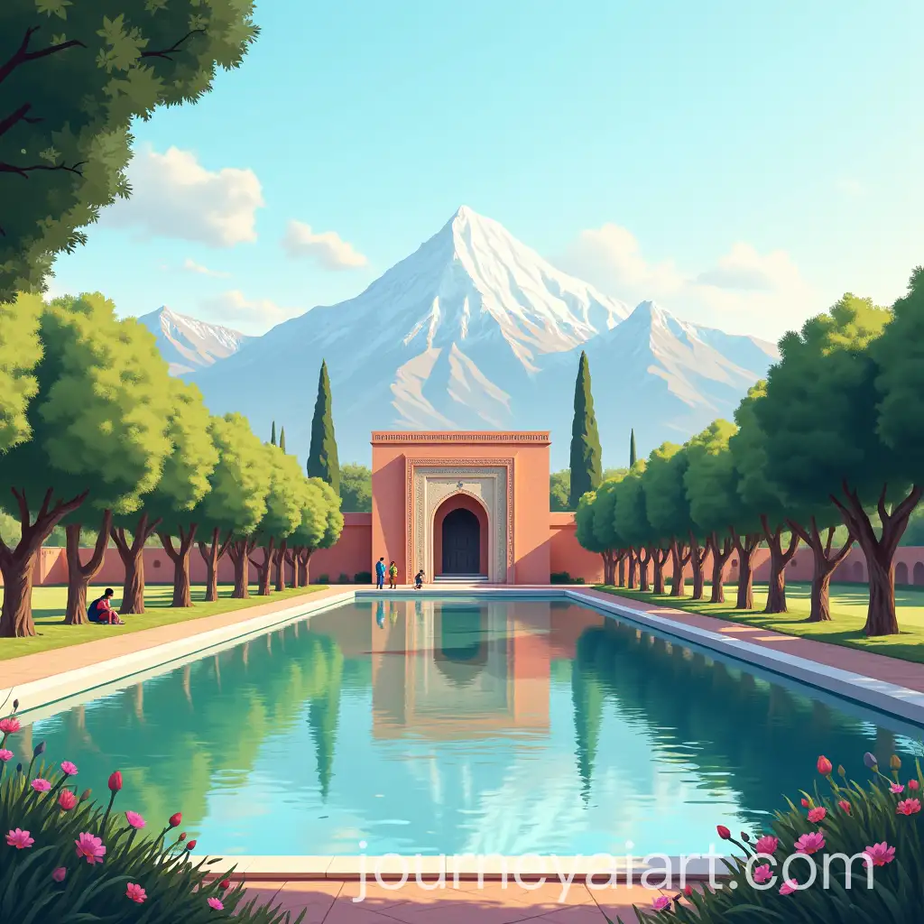 Serene-View-of-Menara-Gardens-and-Pavilion-in-Marrakech-with-Atlas-Mountains-Backdrop