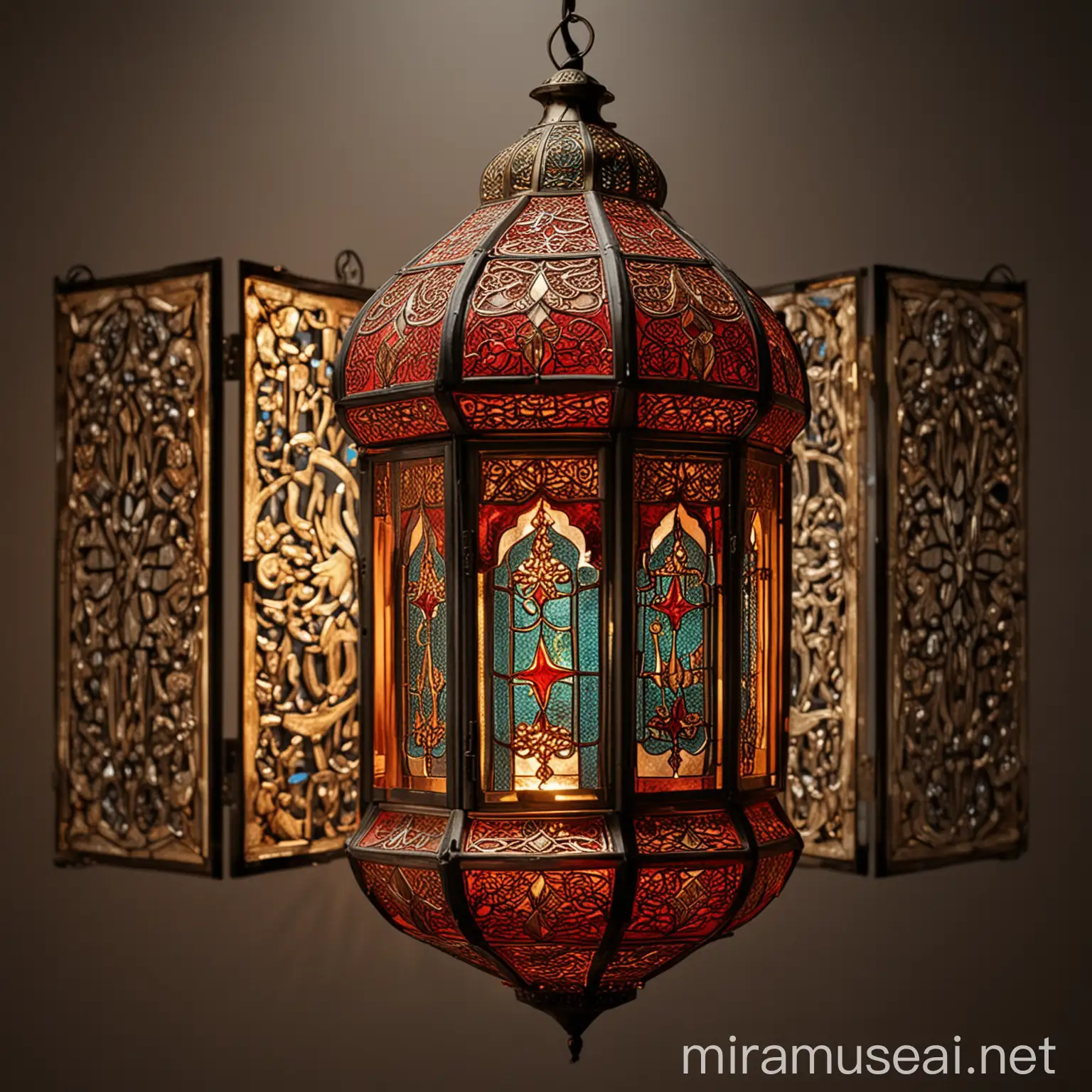 A stunning close-up of a traditional Ramadan lantern, intricately designed with ornate patterns and vibrant colors, set against a clean, isolated background. The lantern features a warm, golden glow from its inner light, symbolizing the spirit of Ramadan and the beauty of the holy month. Its delicate craftsmanship and intricate geometric details reflect a sense of tradition and elegance. The lantern's vibrant stained glass panels in shades of red, green, and blue add a rich, festive touch, evoking feelings of warmth, hope, and spiritual reflection. The isolated background ensures that the lantern remains the central focus, highlighting its cultural and symbolic significance during Ramadan.