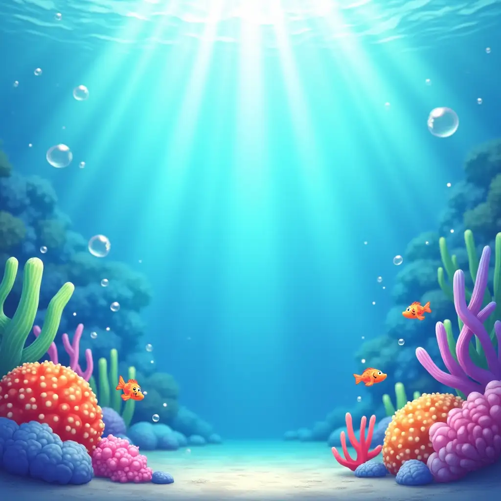 A vibrant and coherent underwater scene combining cartoonish and semi-realistic elements, highly detailed, cinematic lighting, 1800x1400 pixels.  nBackground features a smooth gradient transitioning from light blue at the top (simulating sunlight on the water surface) to deep blue at the bottom (ocean floor). Add subtle sunbeam effects with soft white glimmers dispersing from the top. Include translucent bubbles floating upwards, small waves, and suspended particles in the water for a sense of movement.nKey elements:n- Large, colorful corals with rounded and simplified cartoonish shapes, placed strategically on the left and right sides.n- Long, wavy seaweed in vibrant colors (green, pink, and purple).n- Small fish with playful designs (stripes, polka dots, or geometric patterns), some with friendly facial expressions.n- Realistic details like shadows cast by corals and seaweed, irregular beams of light penetrating from the surface, and specular highlights on bubbles and fish scales.nColor palette: Predominantly blues, greens, and turquoise, with touches of coral orange, pastel pink, and vibrant purple. Art style: Semi-realistic yet whimsical, inspired by modern underwater illustrations for games or animations. Ultra-detailed textures, soft shading, and depth-enhancing effects.