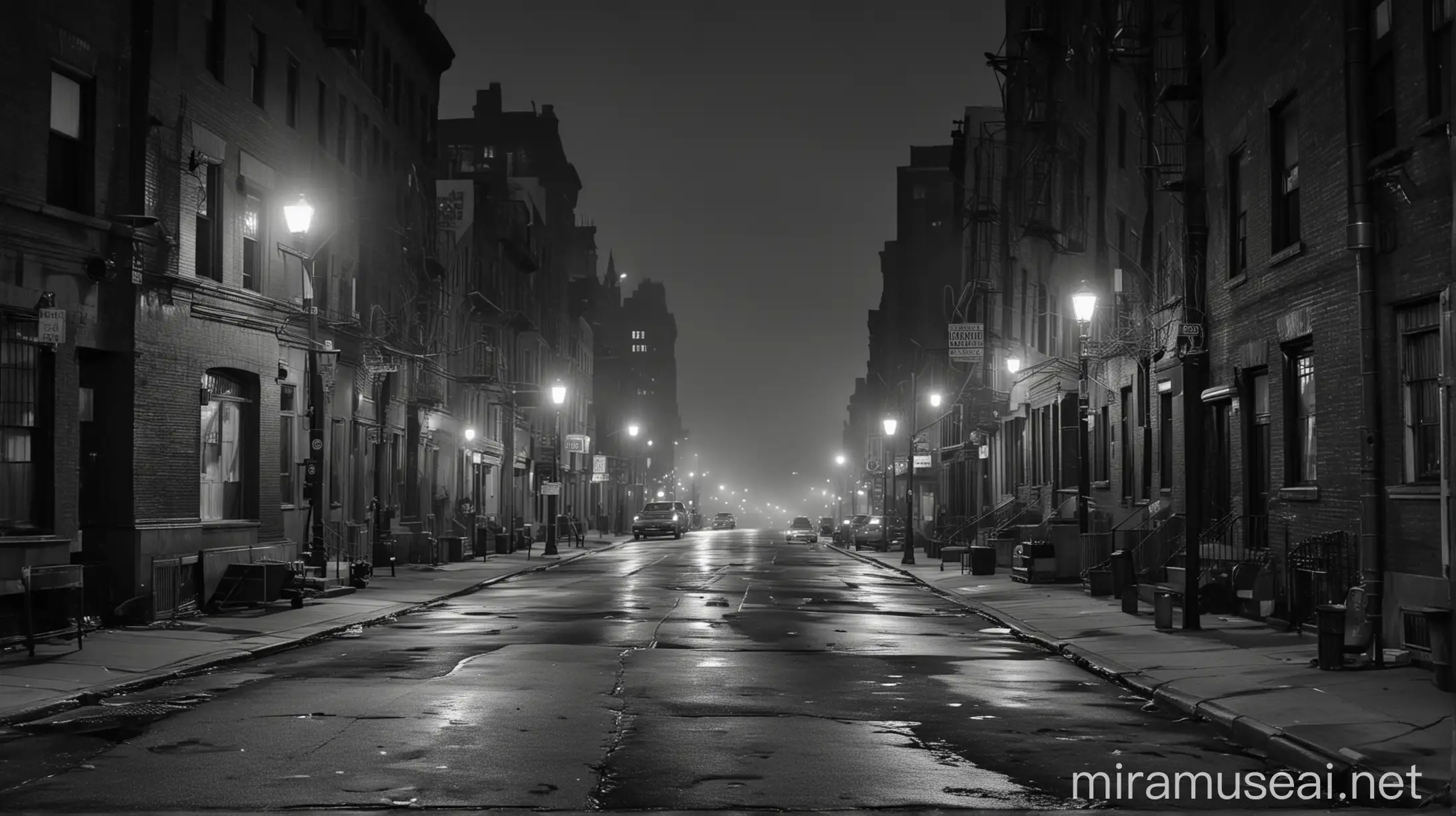 Serene New York Street at Night Tall Buildings and Foggy Sidewalk