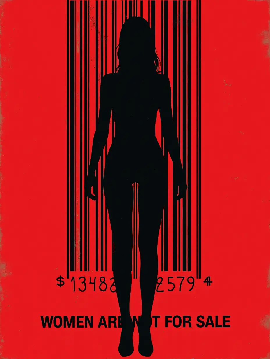 Create a conceptual image against violence against women, using the bar code element as a symbol of objectification and exploitation. Integrate a stylised female silhouette that interacts with the bar code: for example, the code could become a ‘cage’ or overlap the body, emphasising lack of freedom and control. Use strong, contrasting colours, such as red and black, to evoke a sense of urgency and alarm. Include a hard-hitting message such as ‘Women are not for sale’ or ‘Stop