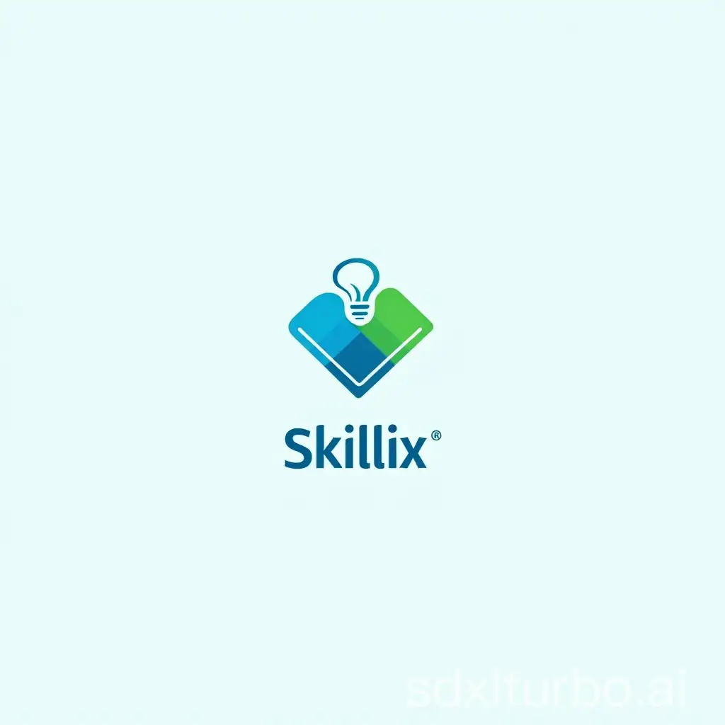 Innovative, minimalist logo for Skillix: blue and green color scheme, symbolizing growth and knowledge with a book or light bulb icon.