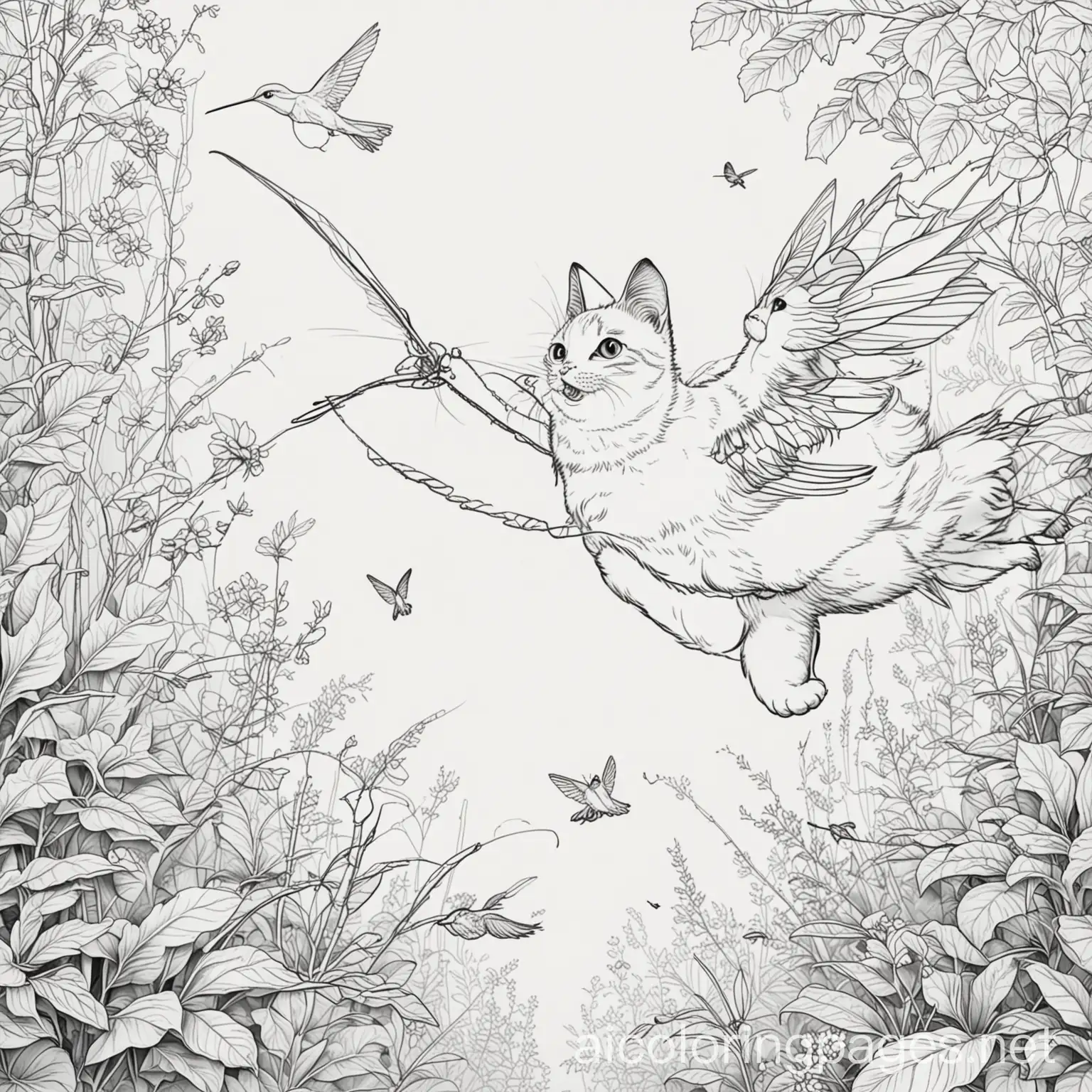 Cat chasing hummingbirds net, Coloring Page, black and white, line art, white background, Simplicity, Ample White Space. The background of the coloring page is plain white to make it easy for young children to color within the lines. The outlines of all the subjects are easy to distinguish, making it simple for kids to color without too much difficulty