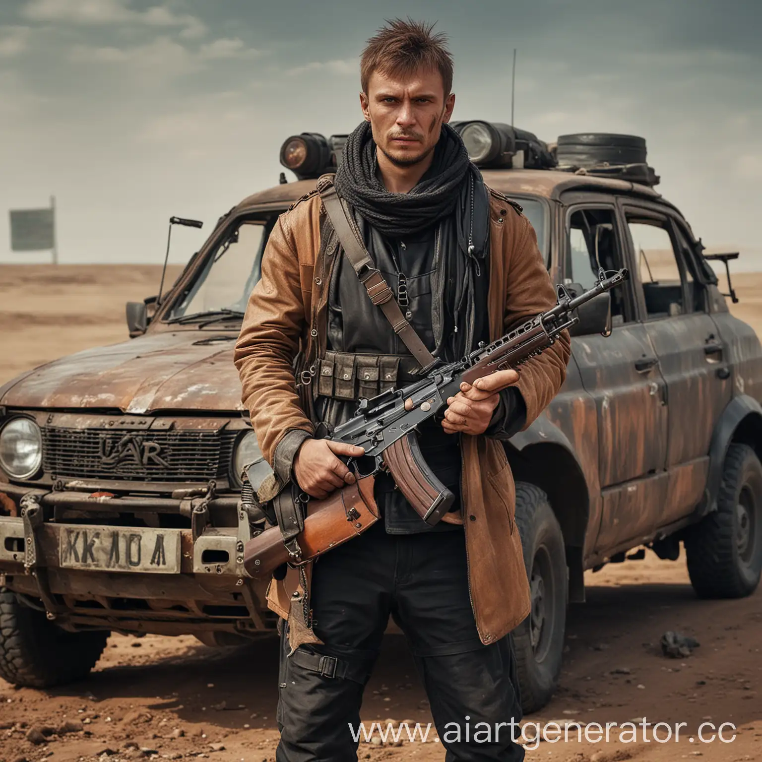 Russian-Man-with-AK47-and-MADMAX-Style-Lada-Vesta