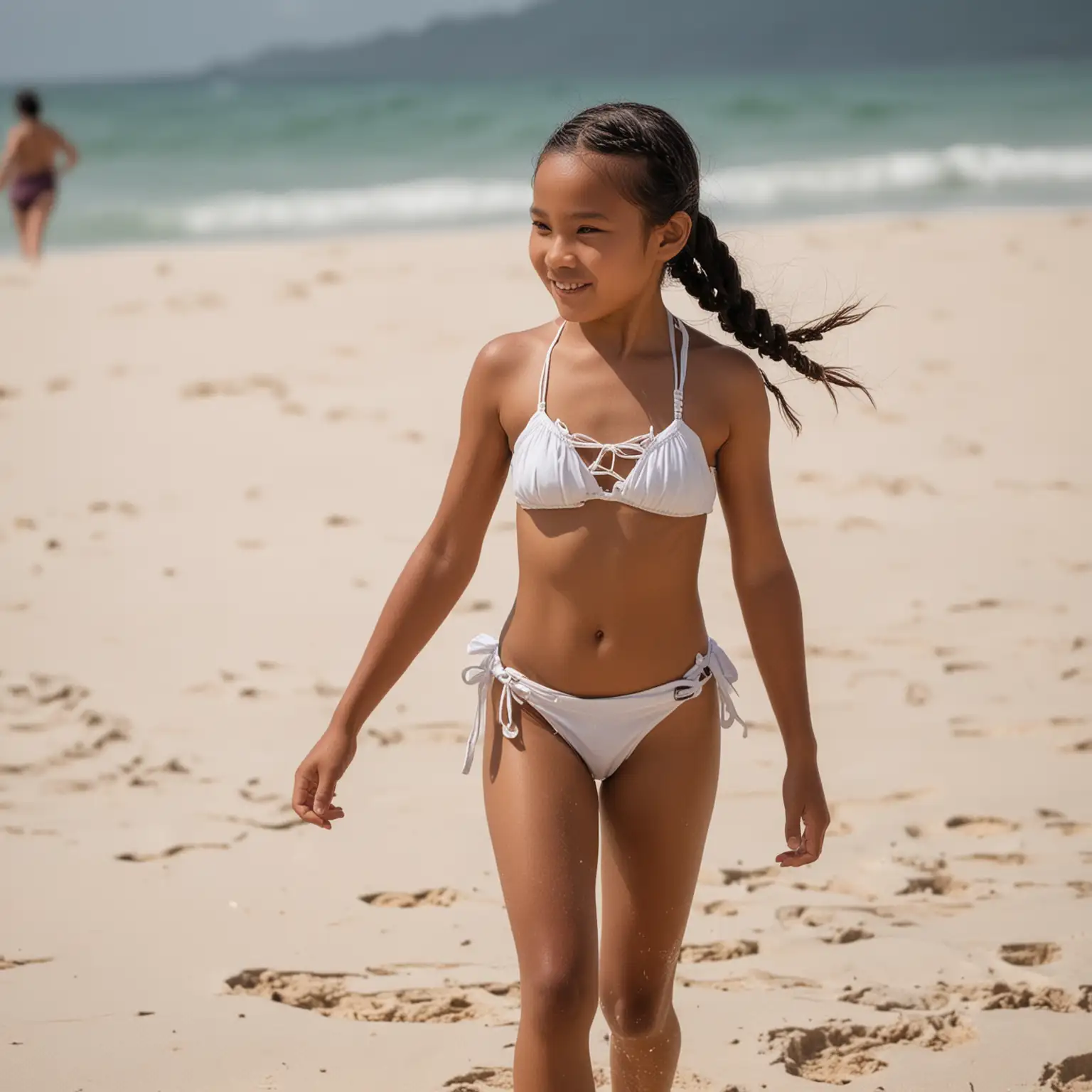 8YearOld-Indonesian-Girl-Walking-on-Sand-in-White-Bikini-with-Braided-Hair