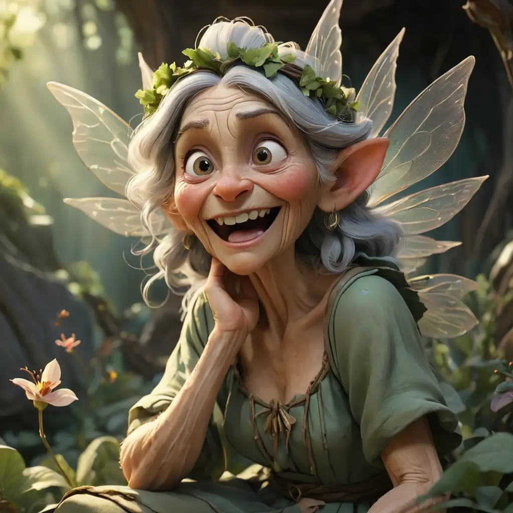 Elderly Fairy Woman in a Disneylike Setting