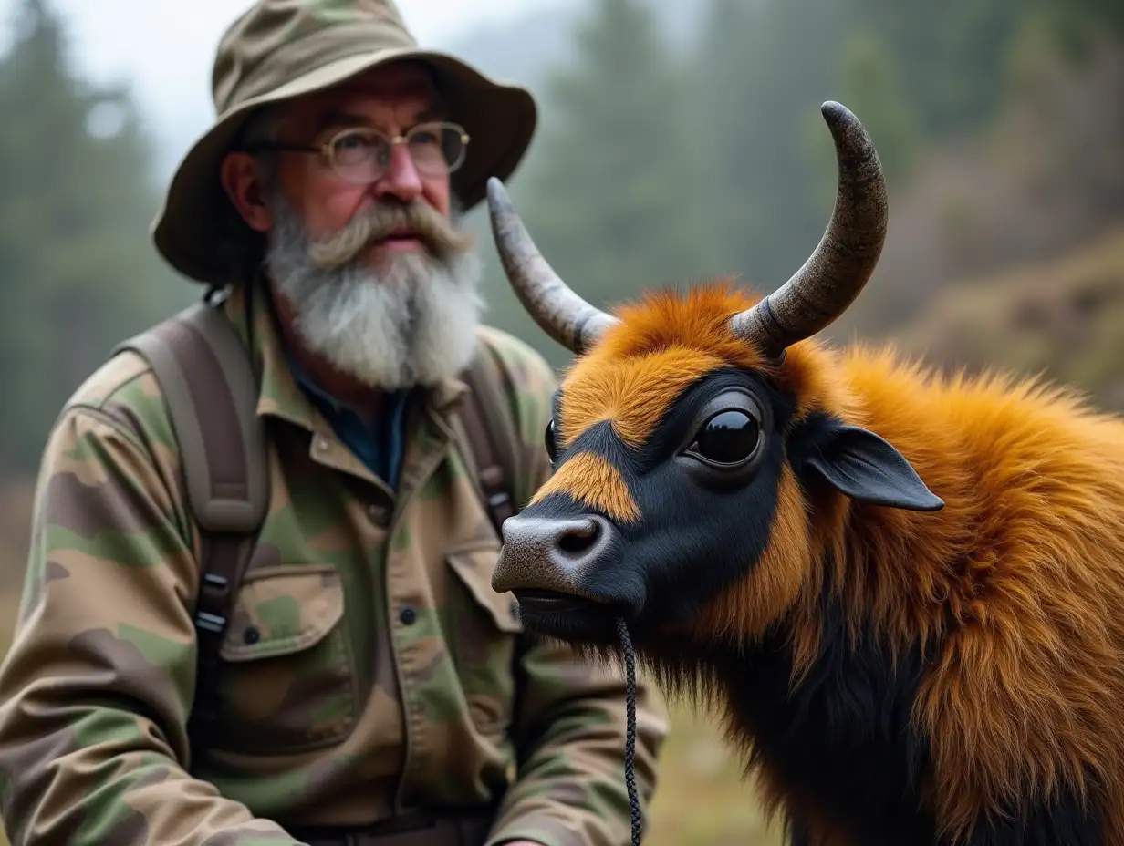 A gray bearded man in camouflage is training a large bee with a horn, which looks like a cow with udders. Flamand style.