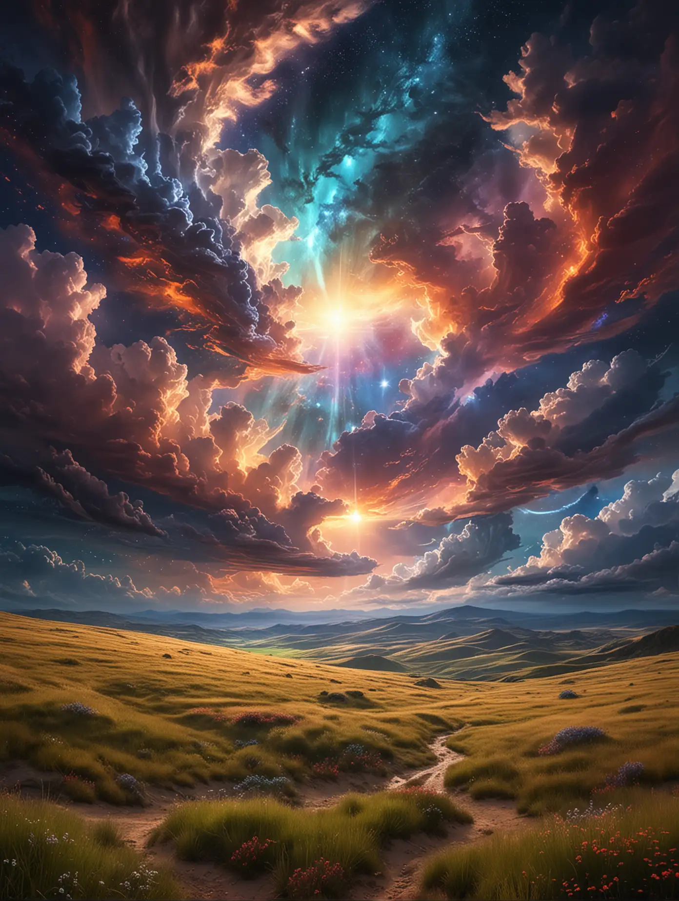 Dreamy skies, flowing galaxies, fantastical colors. Moving swaths of clouds, rays of light penetrating the clouds, intense light effects, vast grasslands below and rolling hills connecting the horizon in the distance.