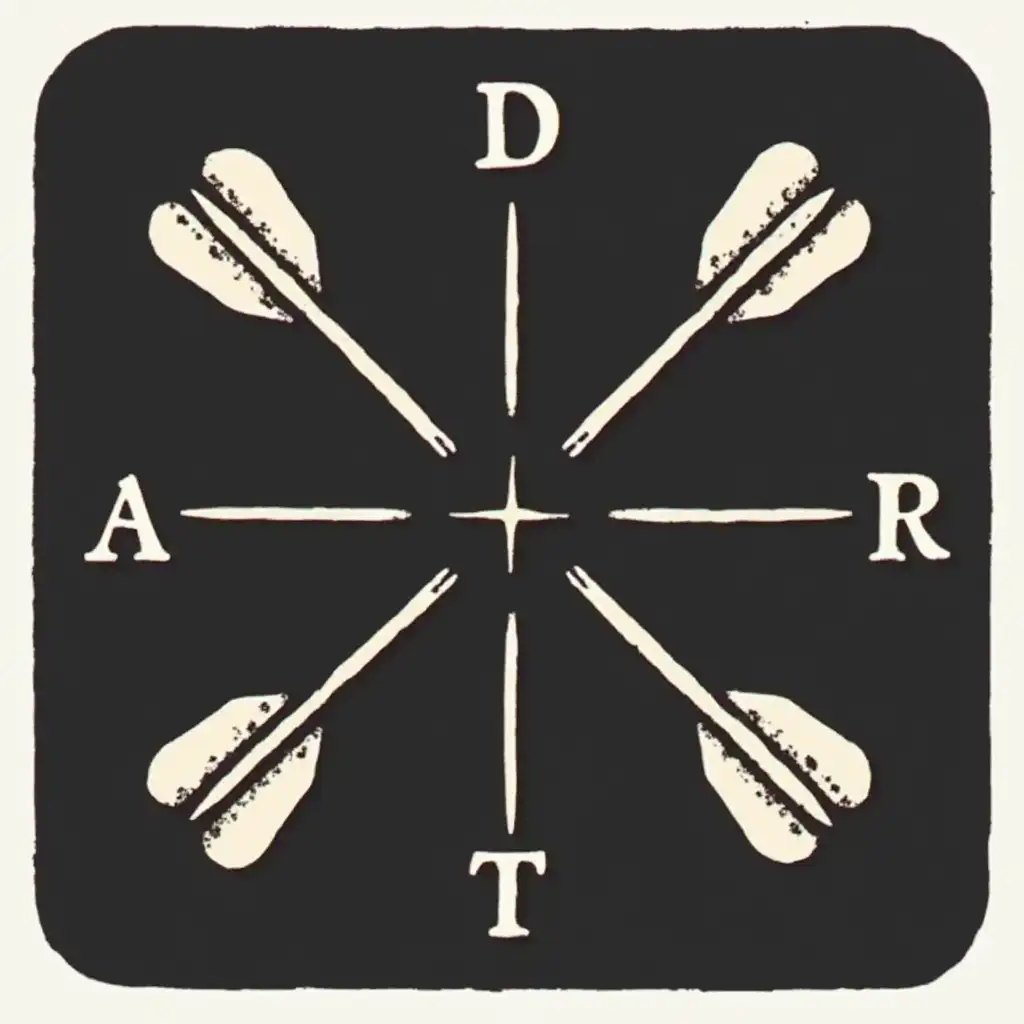 square logo with 4 darts or arrows arranged, with tips not touching, as a cross or X with the letters D, A, R, and T symmetrically arranged around them