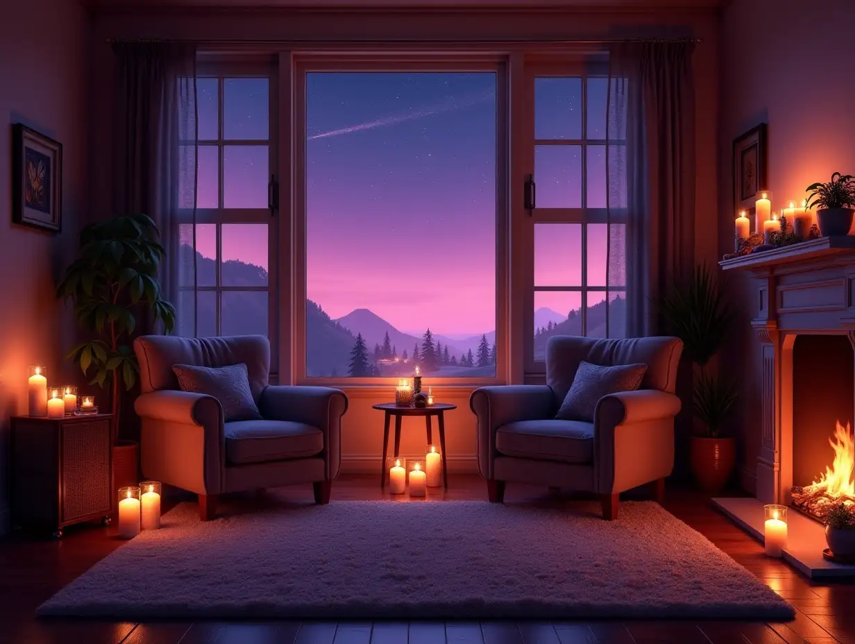 Cozy-Nighttime-Living-Room-with-Candles-and-Starry-Sky-View