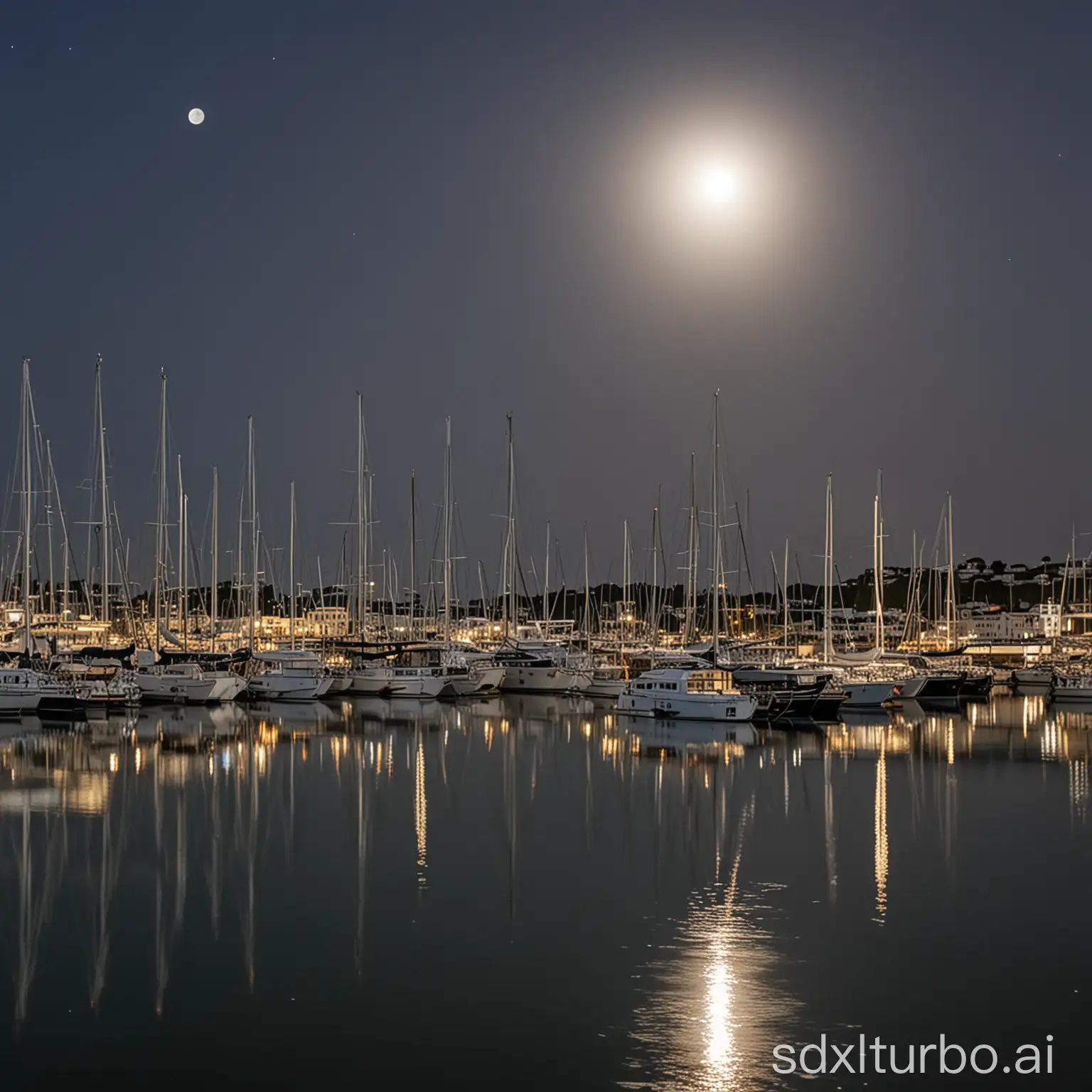 Port-with-Boats-and-Moonlit-Sky-Outside-Large-Glass-Window