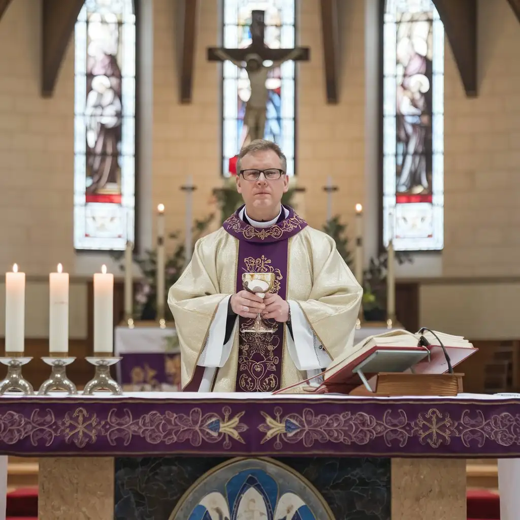 Catholic-Priest-Holding-Chalice-Behind-Altar-with-Lit-Candles-and-Stained-Glass-Windows