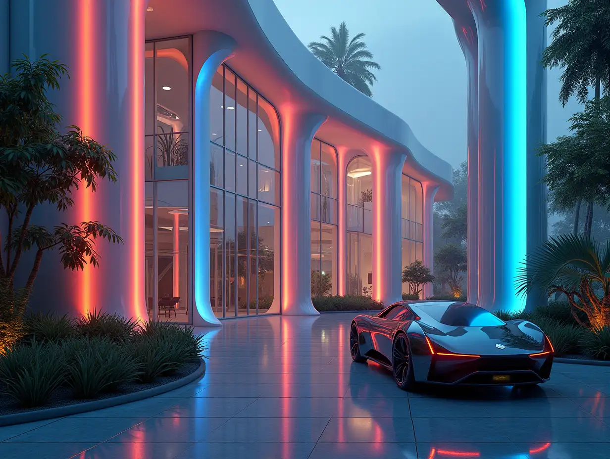 Create a high-resolution, realistic image in 4K resolution of a futuristic illuminated building with different colors of bent columns and many plants and a futuristic vehicle with tinted glass