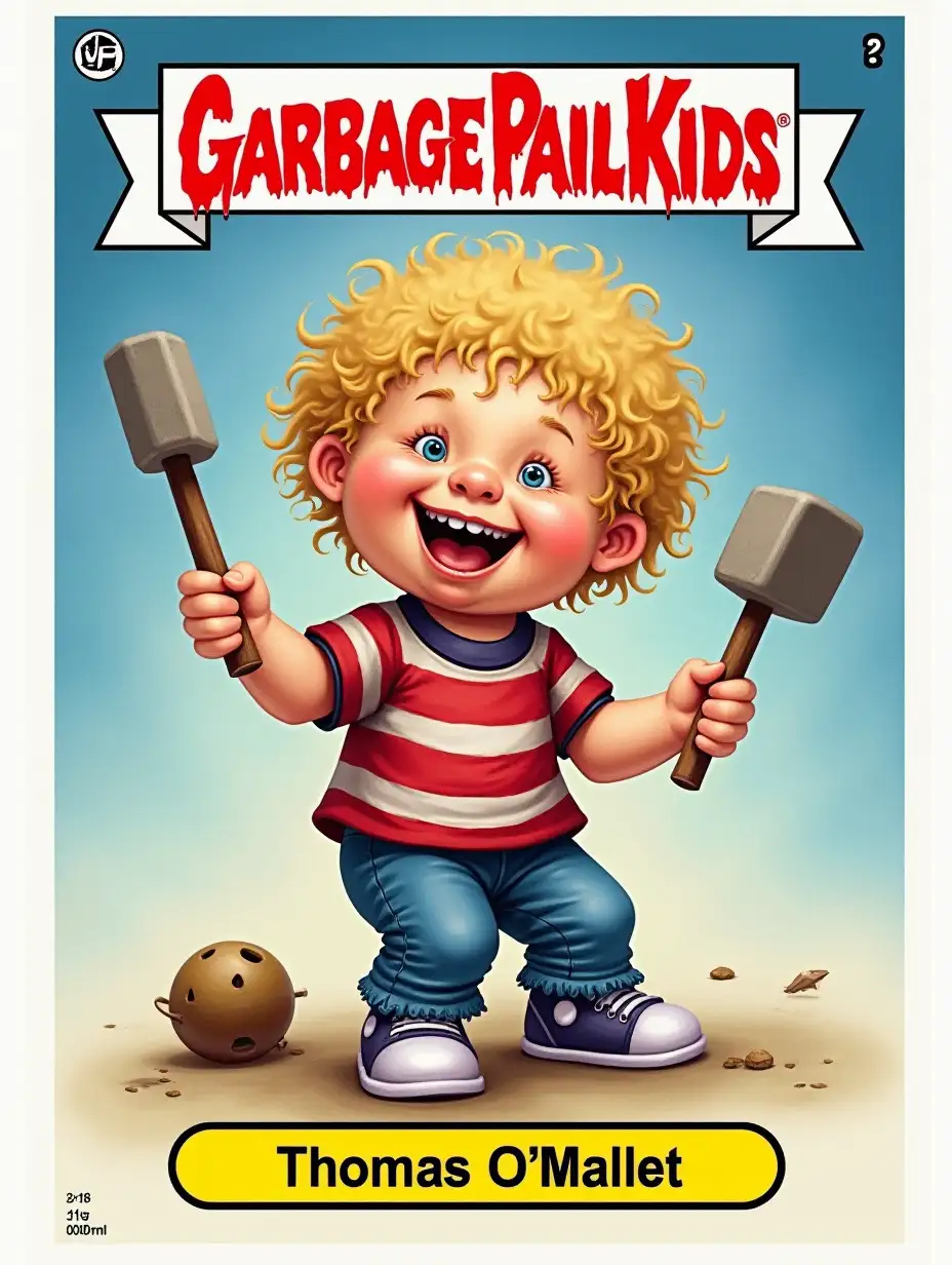 kid with a mallet, Garbage Pail Kids trading card, Text on bottom: Thomas O'Mallet