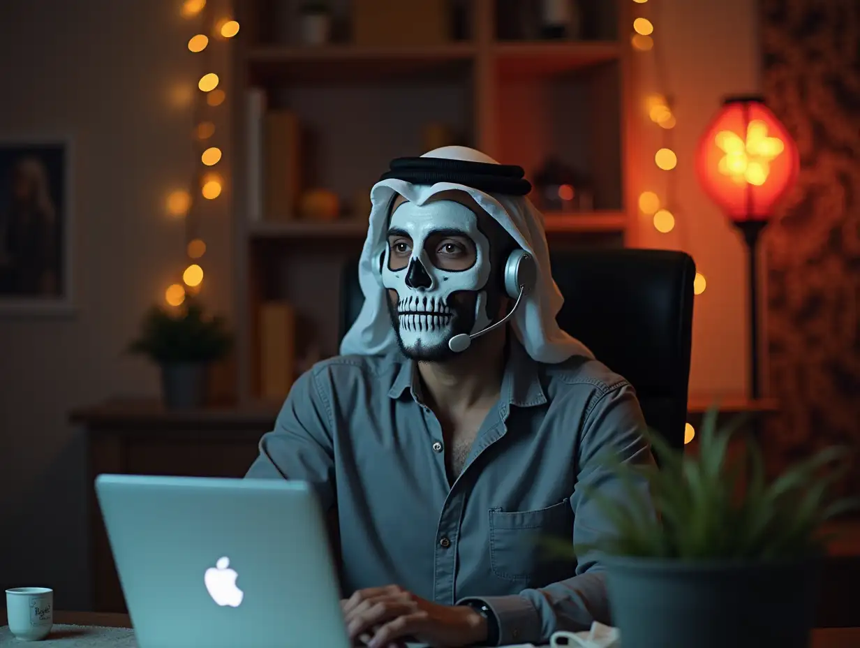 Arab man business owner wears white clay skull, professional makeup in home office with headset. sitting bored. Festive decorated office. halloween sale concept. Banner.