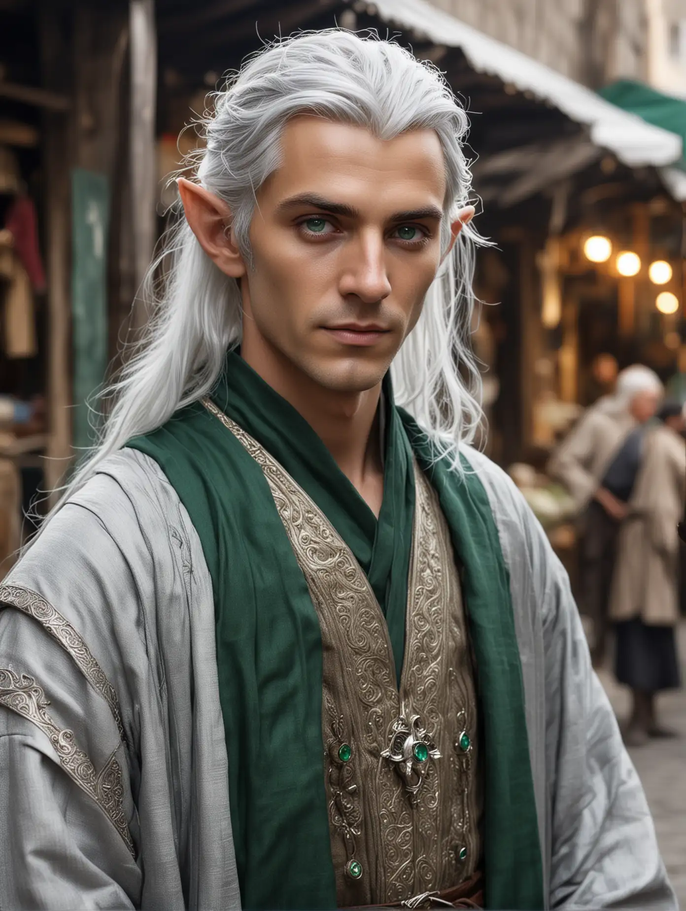 Elven Male Merchant with Emerald Eyes in Finely Tailored Robes at Trading Market