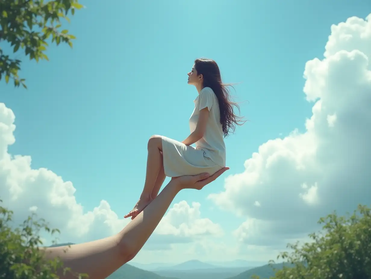 Create a high-resolution, realistic digital image with a woman sitting on a hand and letting her legs dangle in the clouds blue sky and trees