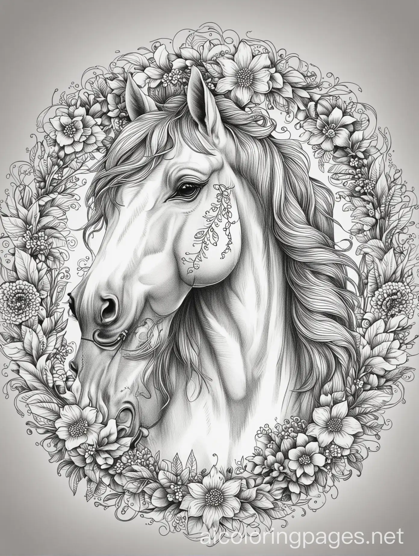 Intricate-Horse-Line-Art-with-Flowery-Wreath-Border-for-Coloring-Book