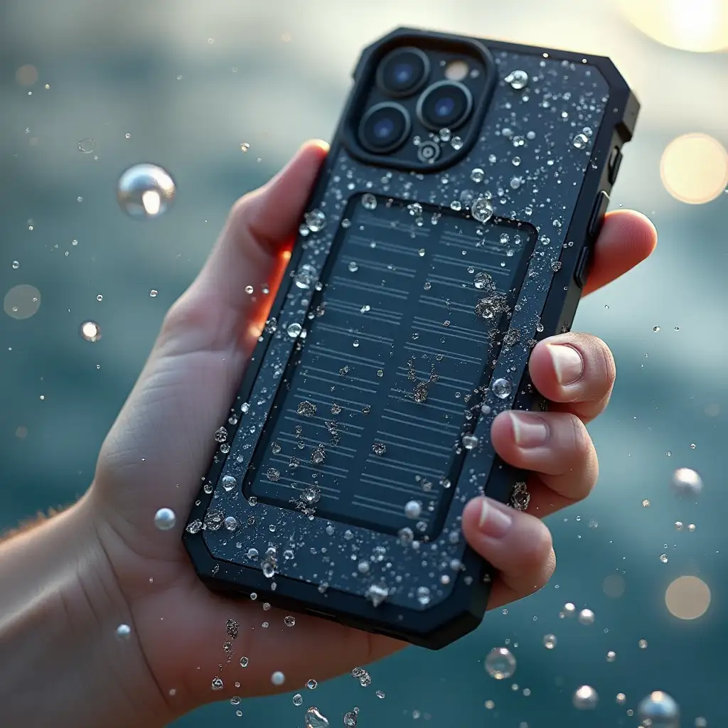 a smart phone case that is water proof and scrachtes proof it has a built in stand a packet at the back of the case and solar panel for energy  