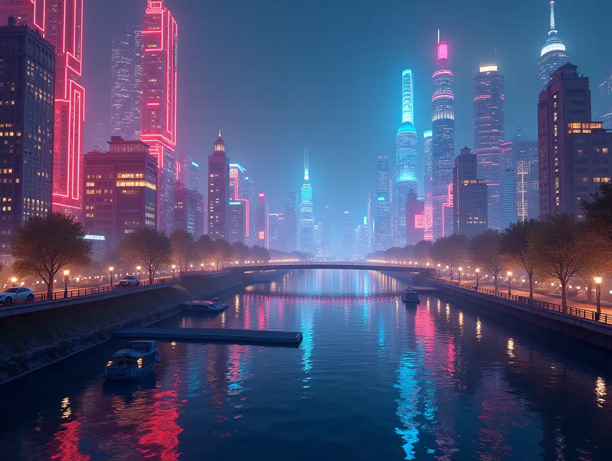 create fantasy images of the technological and colorful world, a beautiful city full of technology