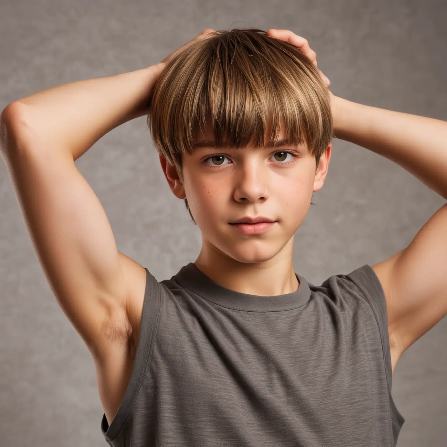 Portrait of Teenage Boy with Light Brown Bowl Cut Hair Flexing Muscles