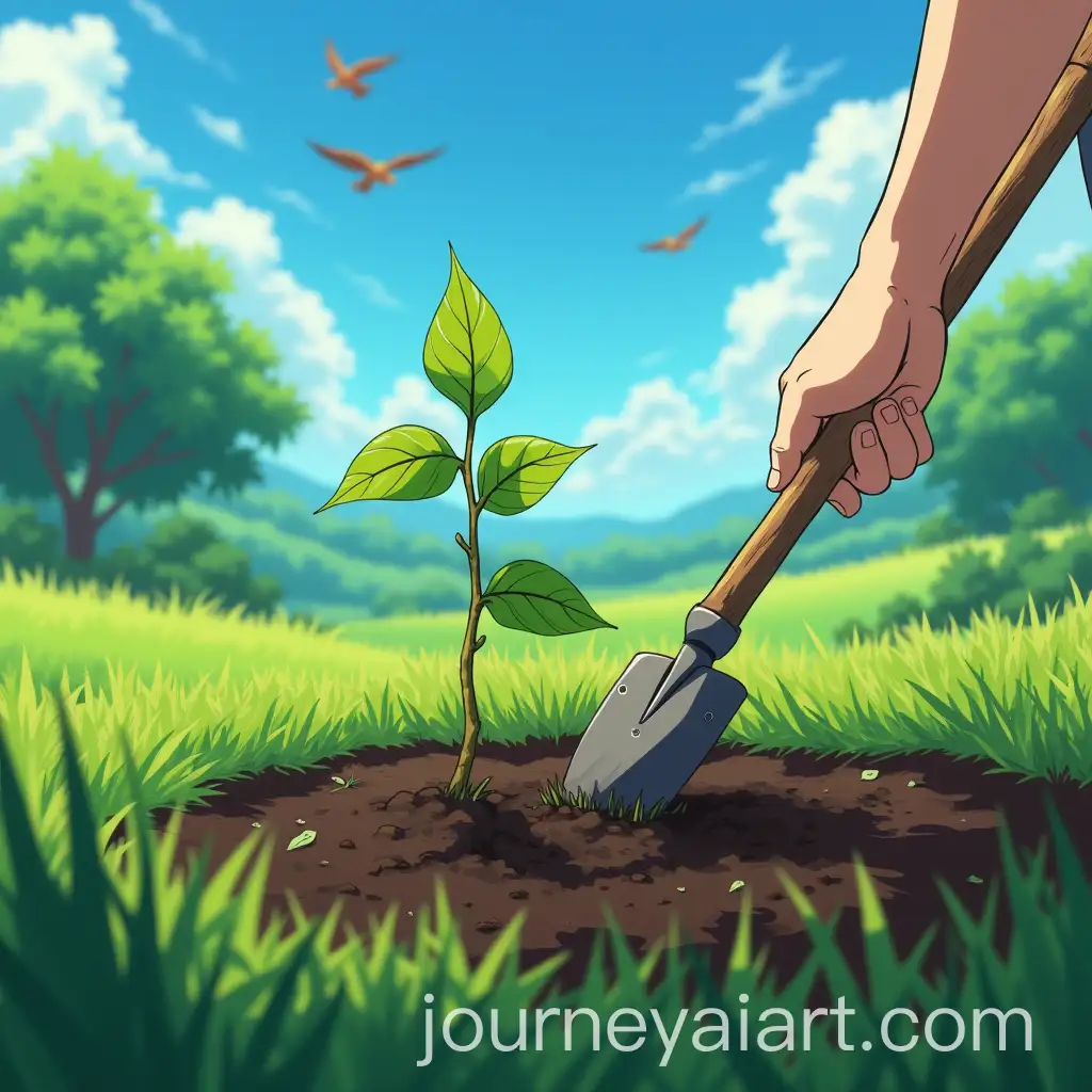 Person-Planting-Sapling-in-Sunlit-Meadow-with-Birds-in-Sky