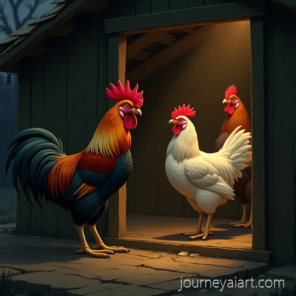Rooster-Conflict-in-a-Chicken-Coop-at-Night-with-TRoosters-in-tense-standoffension-and-Symbolism