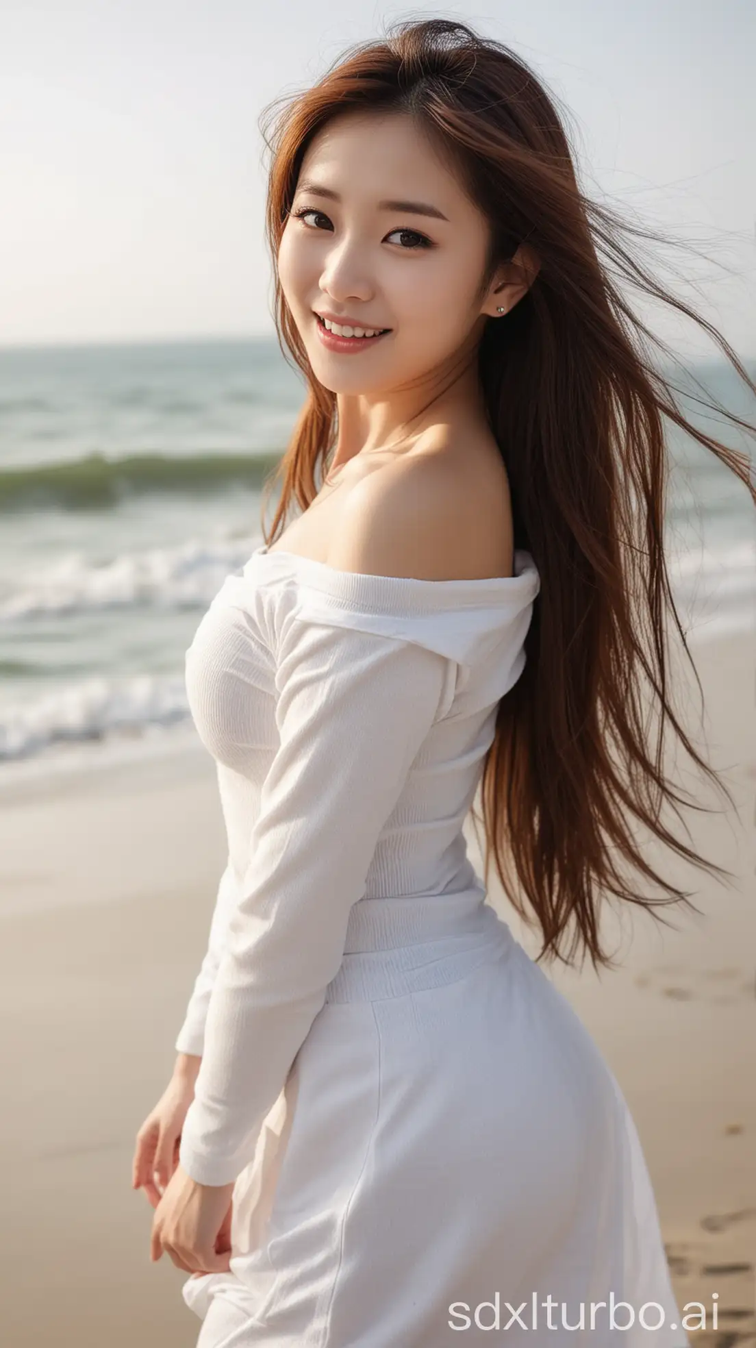 Chinese-Woman-in-Winter-Outfit-on-Beach-with-Sweet-Smile-and-Low-Angle-Shot