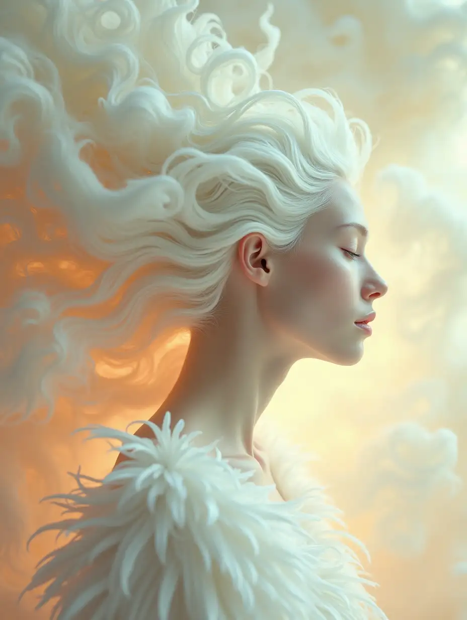 An ethereal and surreal portrait of a person with porcelain-like skin and white hair, their hair seamlessly blending into a fantastical, dreamy landscape inspired by M.K. Čiurlionis' art. The intricate and mystical patterns of Čiurlionis' style fade gradually from the person's hair into the soft, warm pastel background, creating a harmonious transition. The outfit is made of feathery white fabric, adding an airy, otherworldly elegance. The lighting is soft and warm, with a serene and artistic atmosphere that captures the essence of a high-fashion aesthetic infused with timeless art.