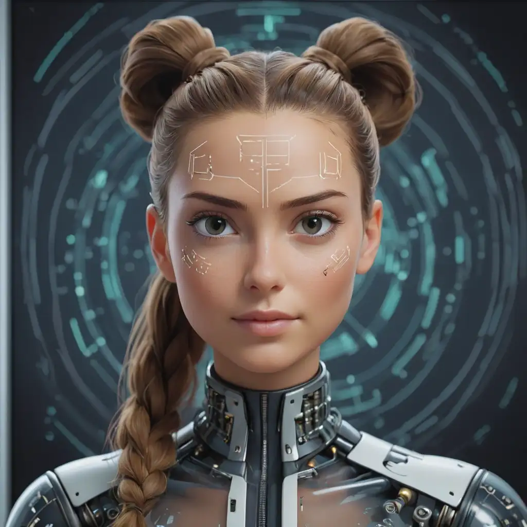 Artificial Intelligence Woman on Screen with Friendly French Face and Ponytail