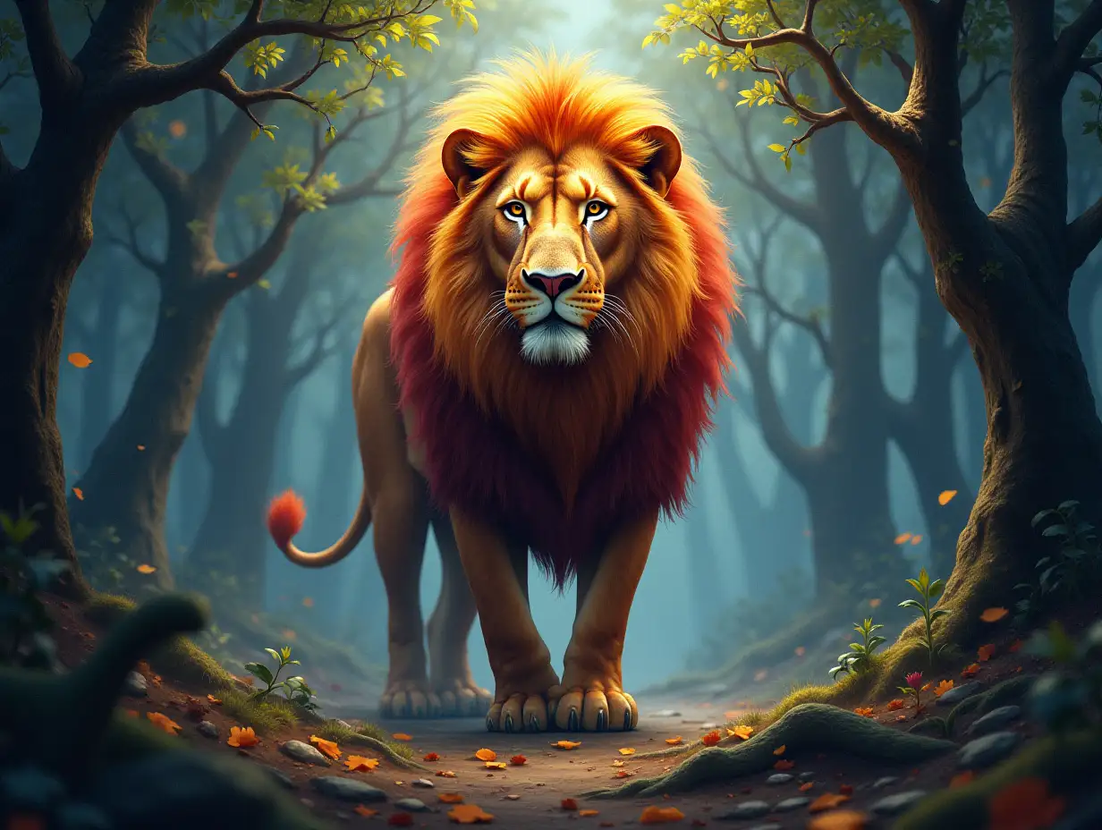 Create an image of a majestic lion with a vibrant, multicolored mane in a mystical forest. The lion should have a regal and powerful presence, with its mane featuring shades of orange, red, and yellow, blending seamlessly into the surrounding environment. The forest should be depicted with a mix of dark and light hues, creating a magical and enchanting atmosphere. The overall style should be highly detailed and painterly, with a focus on bold, vivid colors and intricate textures.