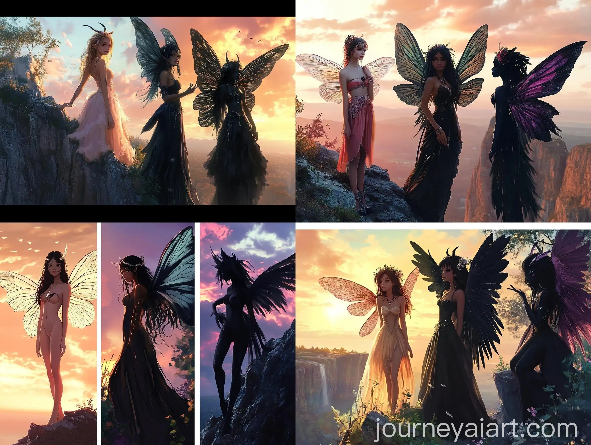 Three-Girls-with-Unique-Wings-at-Cliffside-During-Dawn