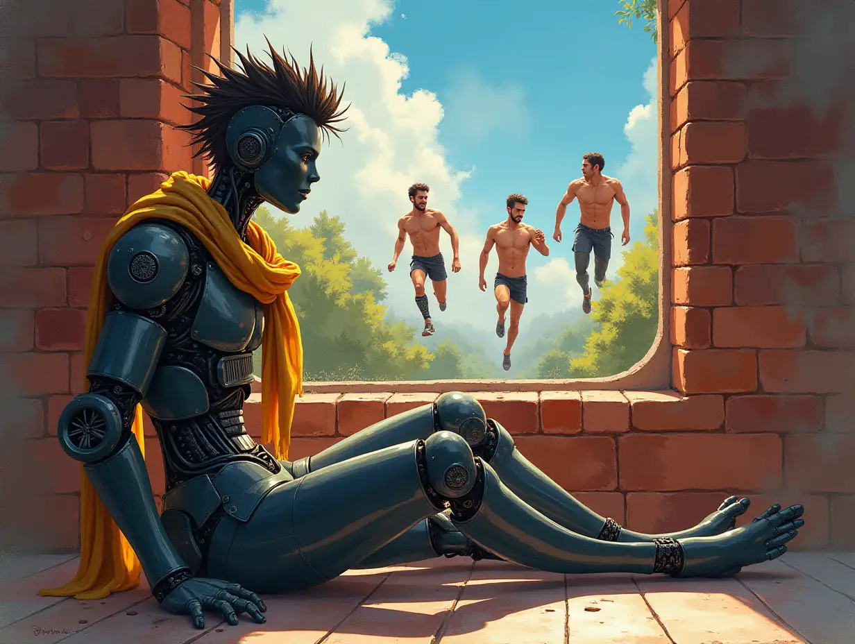 New image please a vibrant watercolor anime Digital painting, style of Nier automata, a handsome run down robot, with spiked hair wires and stubble,a checkerboard neck barcode and a flowing tattered yellow brocade scarf, sits on the floor in a brick cell with knotty pine walls, outside his window he sees handsome male shirtless cyborgs running around with one another happy, one of them glowing very brightly.