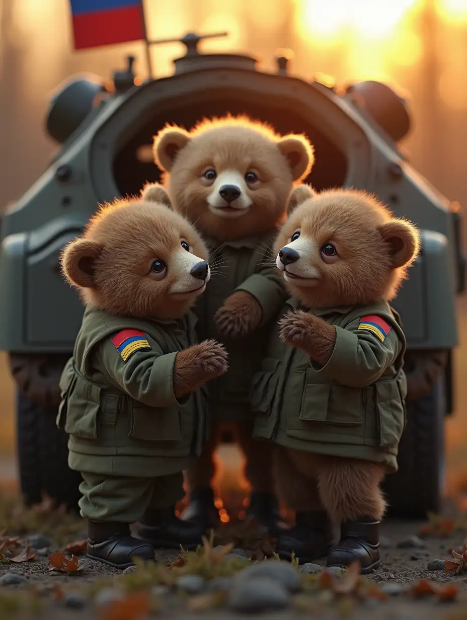 three smiling and cheerful little cubs (cubs of a bear) are dressed in the uniform (clothes) of stormtroopers of the Russian army with chevrons on their shoulders and clothes with the Russian flag, trying to climb into a small armored personnel carrier, sunset lighting, the background is blurred, photorealism