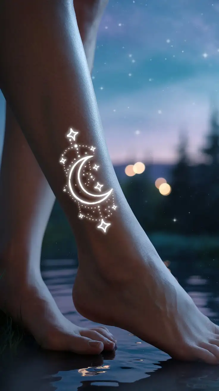 A crescent moon and stars temporary tattoo on a woman's ankle.  Soft, ethereal lighting, moon and stars glowing gently, peaceful and romantic night scene. Midjourney, realistic, moon tattoo, stars tattoo, celestial tattoo, romantic, serene.