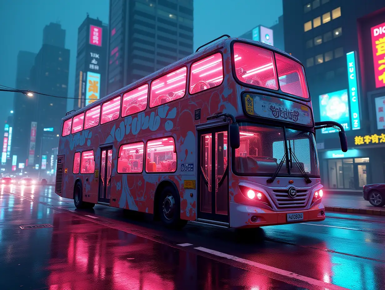 Autobus three-story Cyberpunk 8k quality colorful