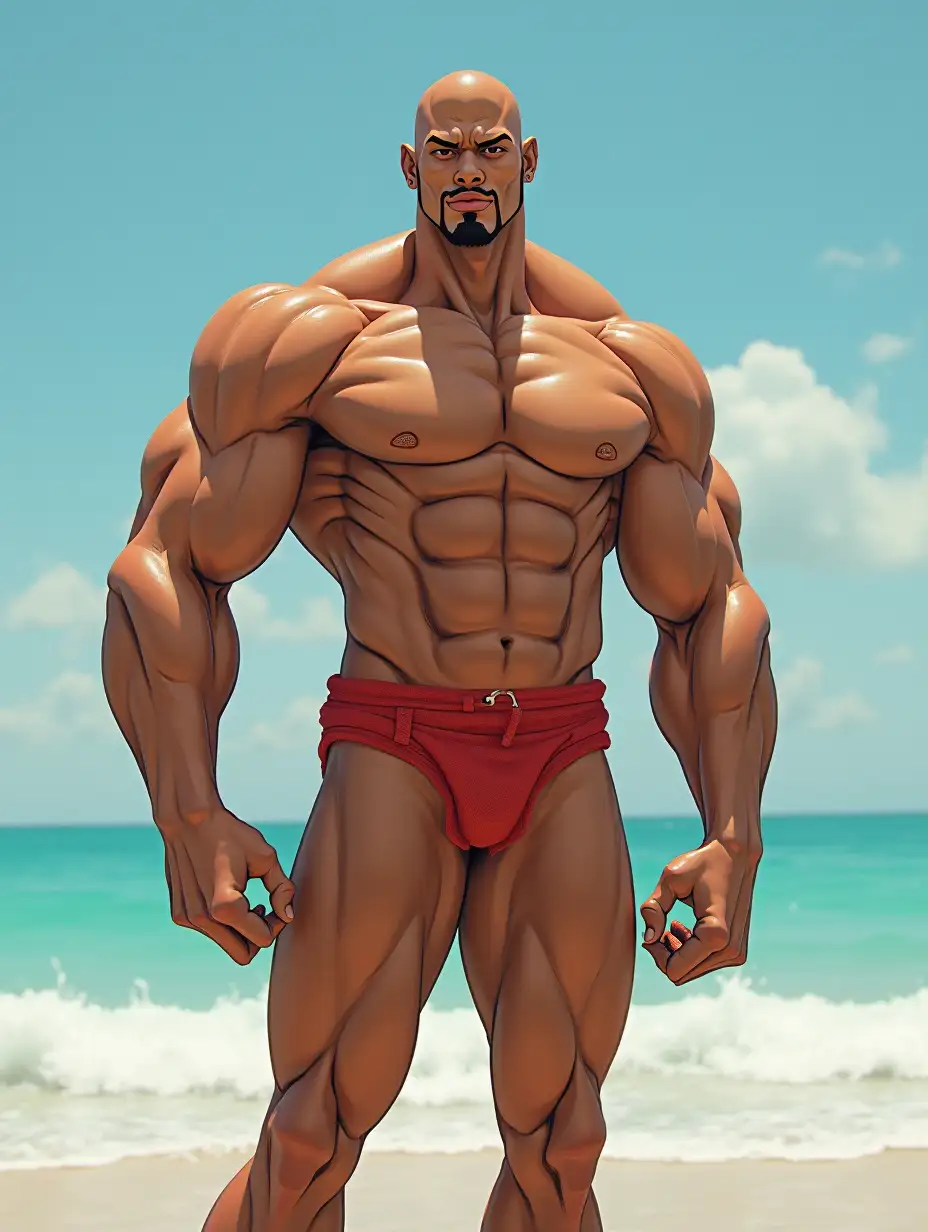 Muscular-Saturo-Gojio-Standing-Shirtless-on-the-Beach