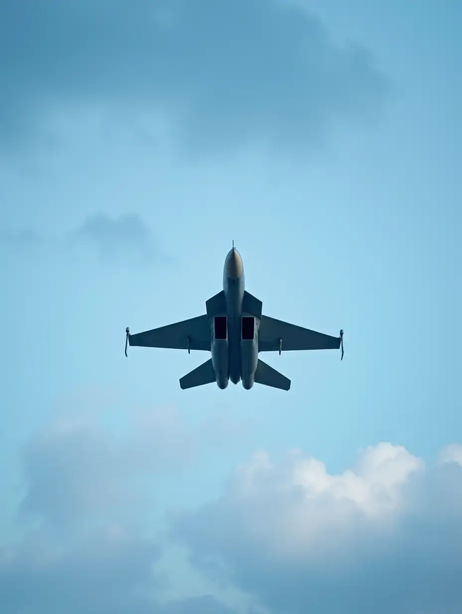 A mig 29 fighter jet is flying In a blue and cloudy sky