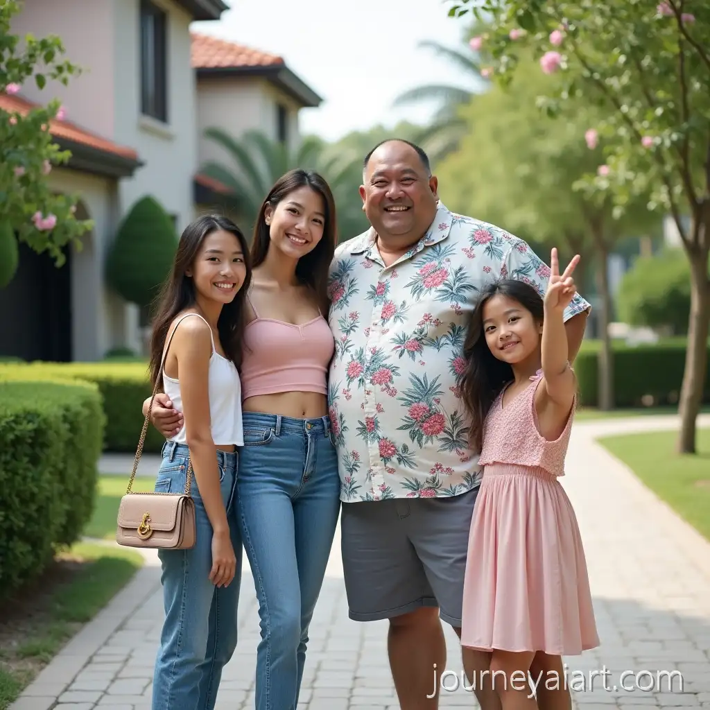 Happy-Asian-Family-of-Four-Posing-in-Casual-Streetwear-in-Suburban-Neighborhood