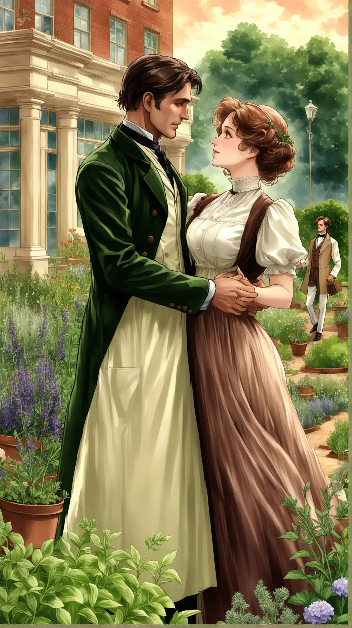 Romance novel cover where an Edwardian man and woman are engaged in conversation in an herb garden at a hospital. The man is a doctor