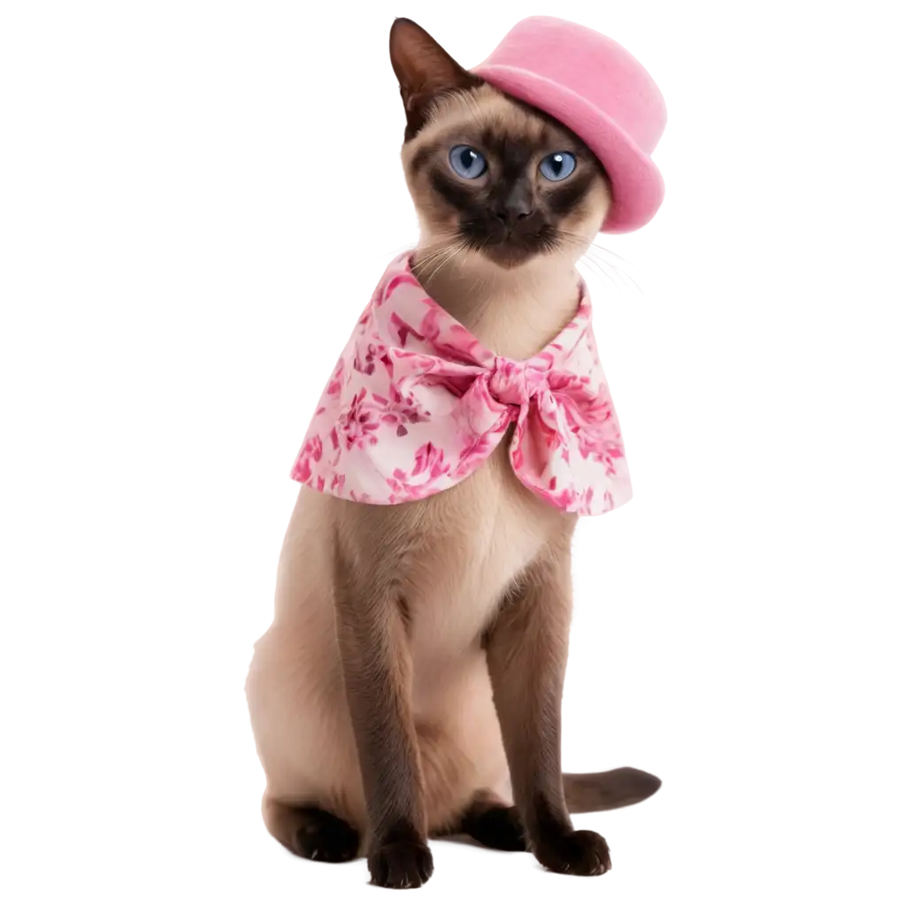 A Siamese cat with a pink hat, wearing pink floral clothing