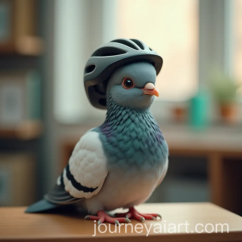 Cute-Pigeon-in-Bicycle-Helmet-at-an-Office-Desk